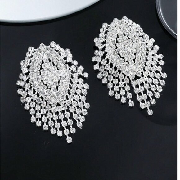 Rhinestone tassel drop earrings chic classy elegant statement - Picture 2 of 3